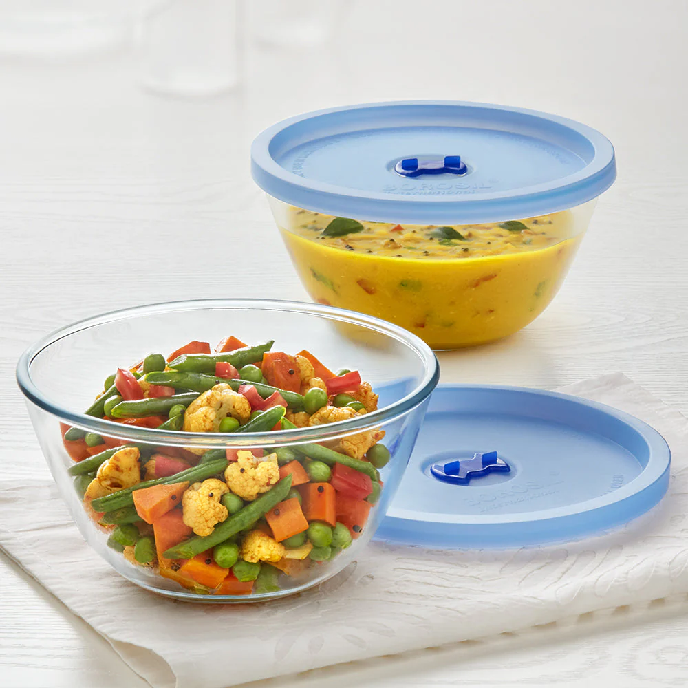 Borosil Select Mixing Bowl w Blue Lid Set of 2, 1.3L+1.3L