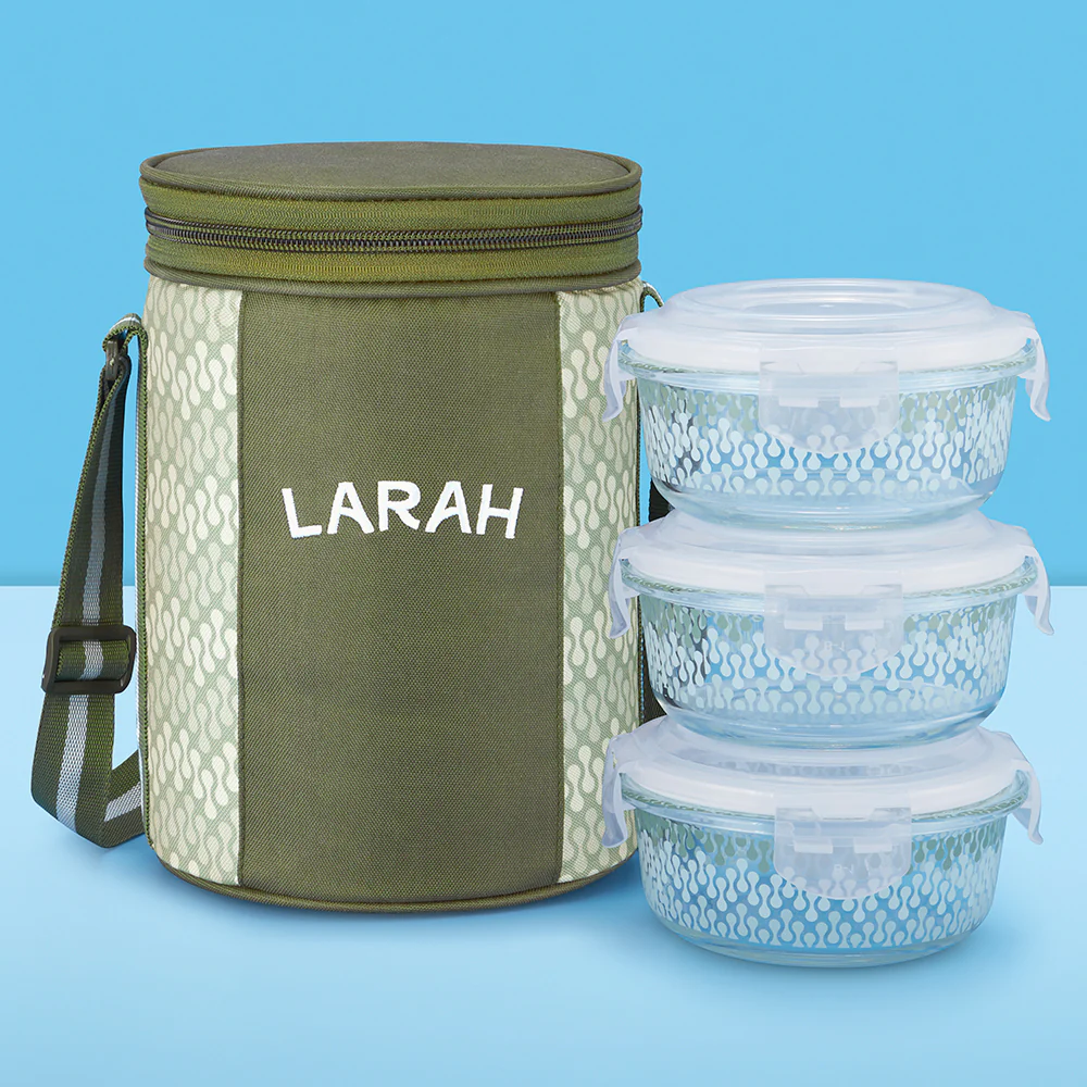 Larah Gracia Glass Lunchbox, Round x 3, 400ml x 3