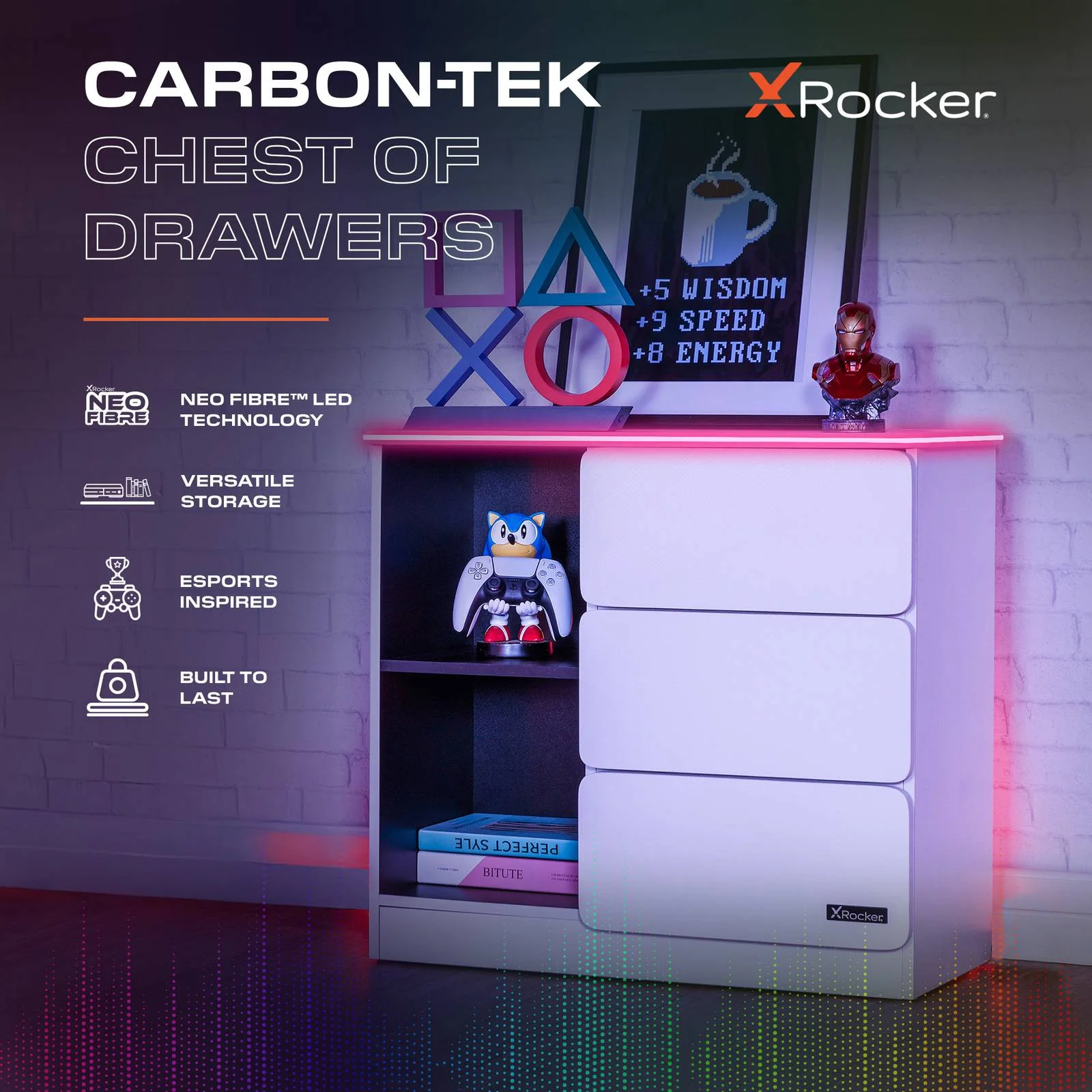 Carbon-Tek LED Chest of 3 Drawers - White RGB