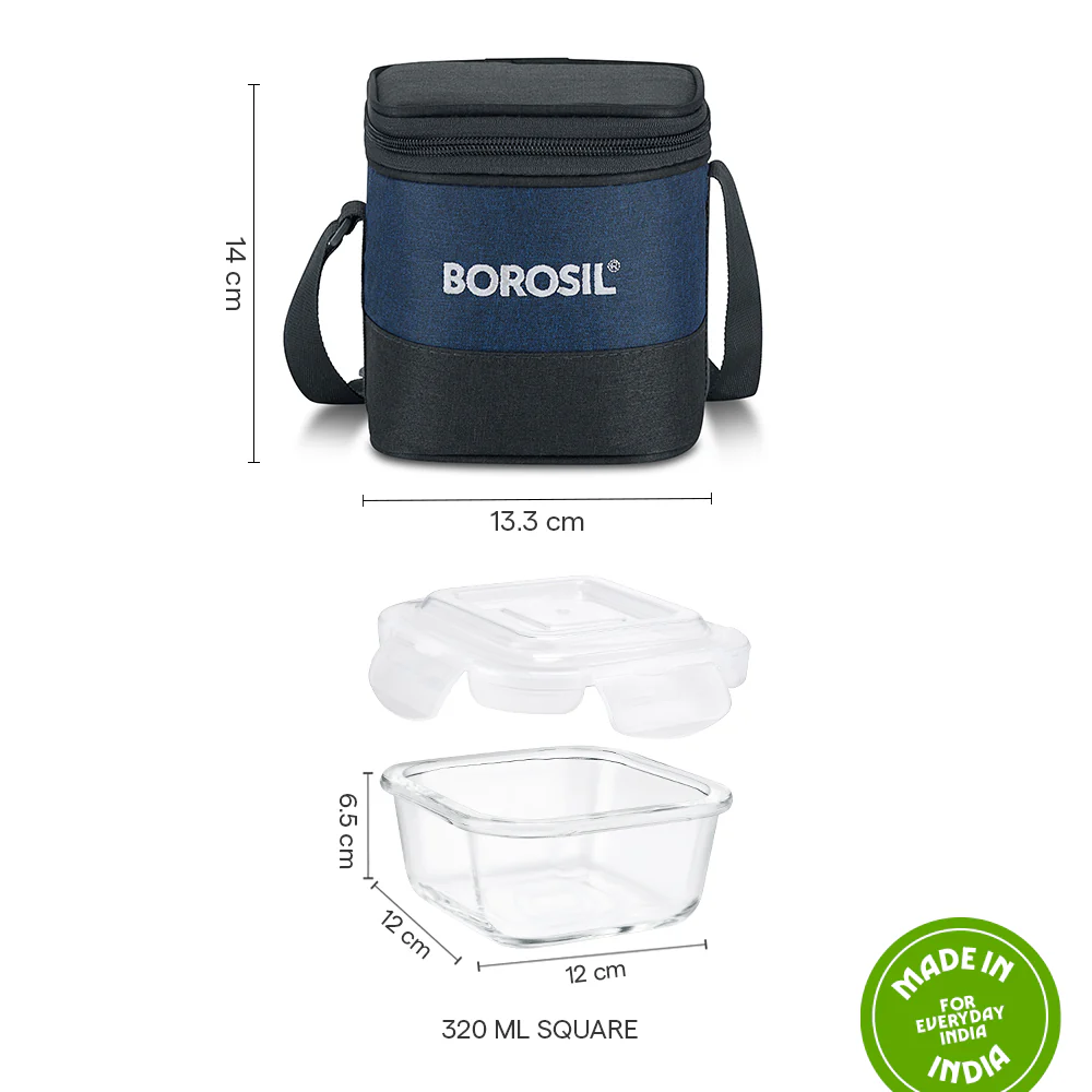 Elite Blue Grey Glass Lunch Box, Square x 2 (Tall), Set of 2, 320ml