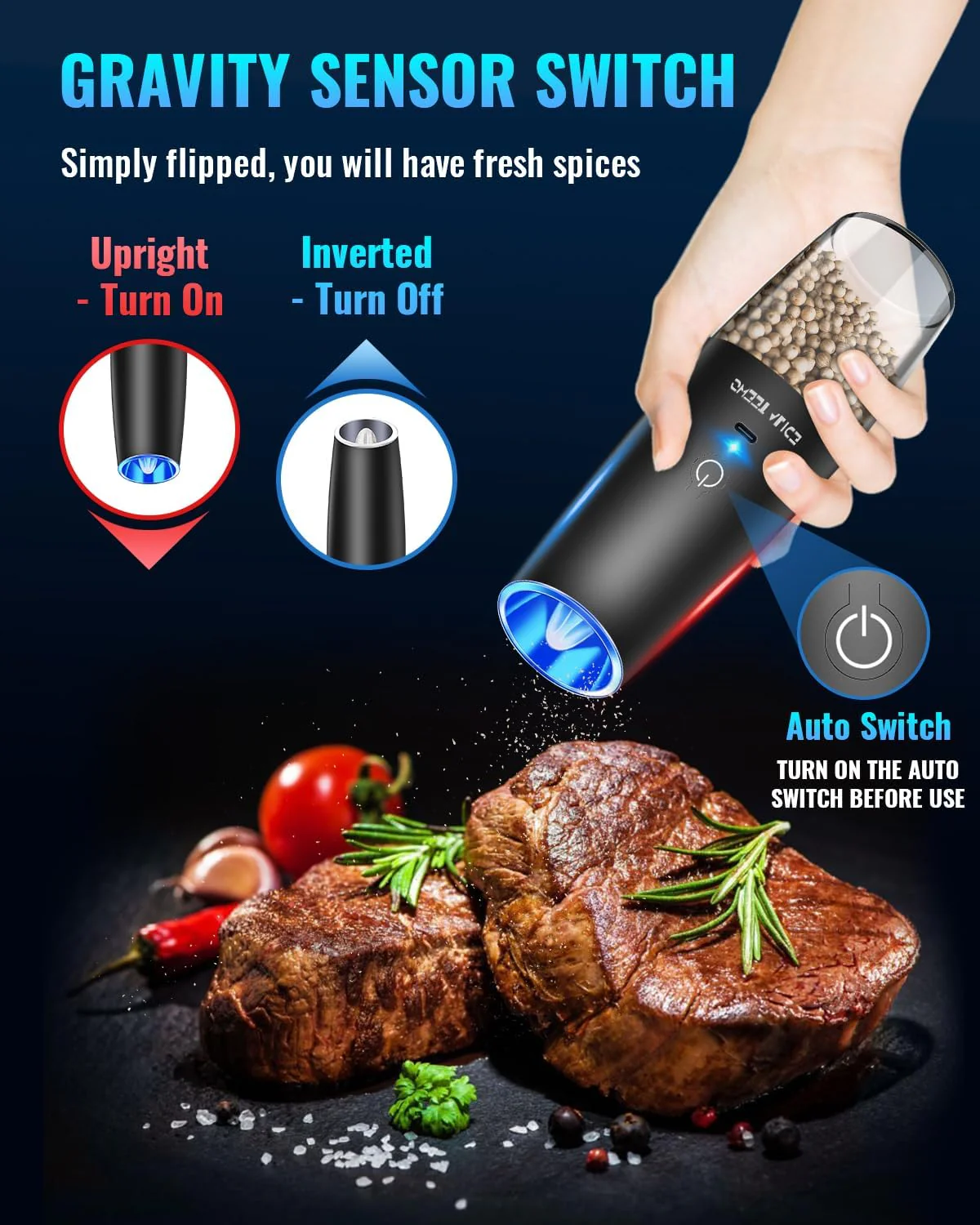 Electric Salt & Pepper Grinder Set, Adjustable Coarseness, LED, One-Hand Use, Stainless Steel 2-Pack