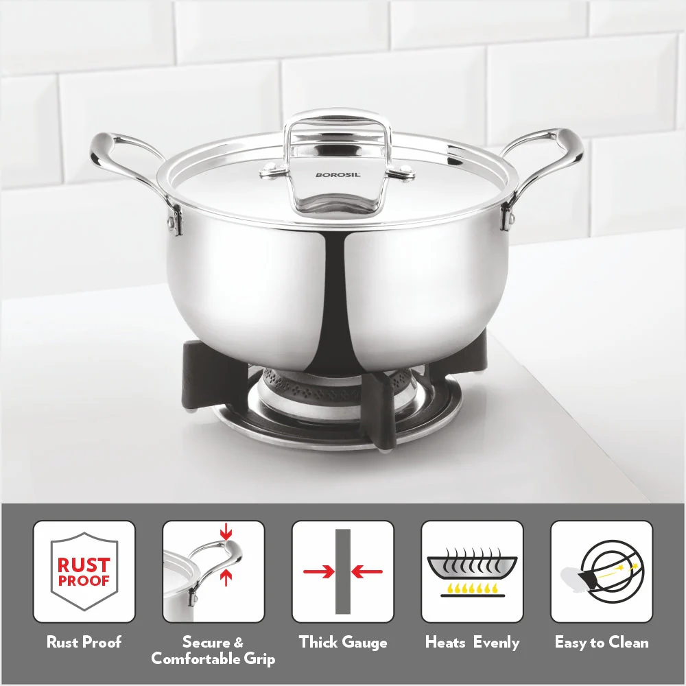 Borosil Cookfresh Triply Casserole (Steel Handle + Lid), 4.6L