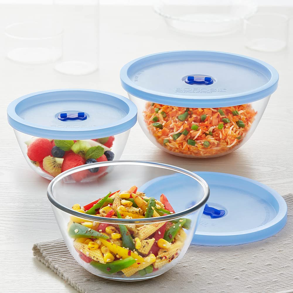 Borosil Mixing Bowl w Blue Lid Set of 3, 500ml + 900ml + 1.3 L