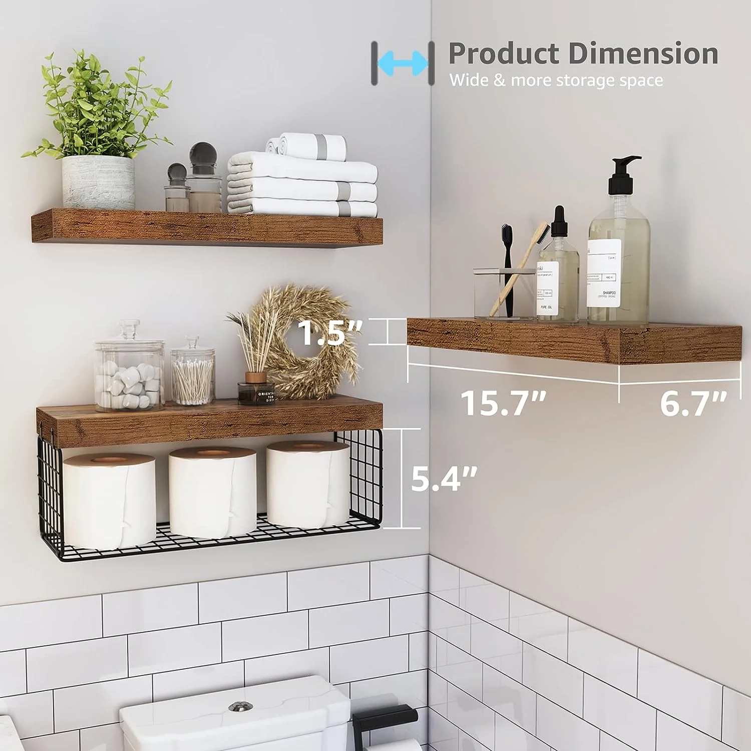 Bathroom Shelves Over Toilet Wall Mounted Floating Shelves Farmhouse Shelf Toilet Paper Holder Small 16-inch Set