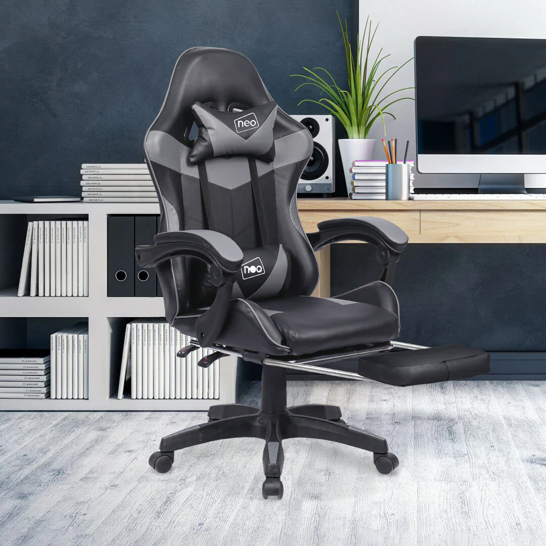 Neo Gaming Chair Grey & Black PU Leather with Footrest