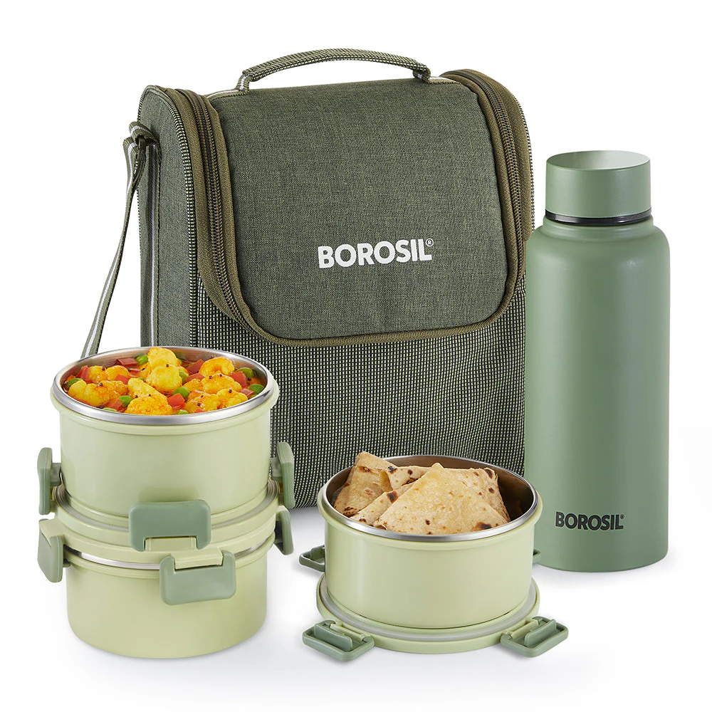 Borosil Glory Green Lunchbox w SS Bottle, (460ml x 1) + (280ml x 2) + (600ml Bottle x 1)