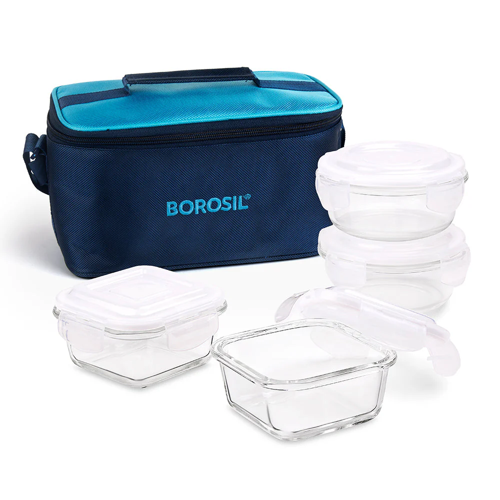 Alfa Blue Universal Glass Lunch Box, Set of 4 (320ml x 2 + 240ml x 2)