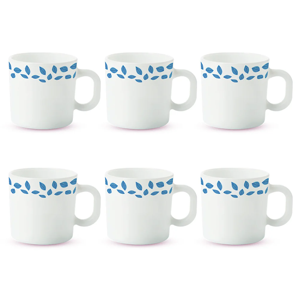 Larah by Borosil Blue Leaves Mug Set, 100ml x 6