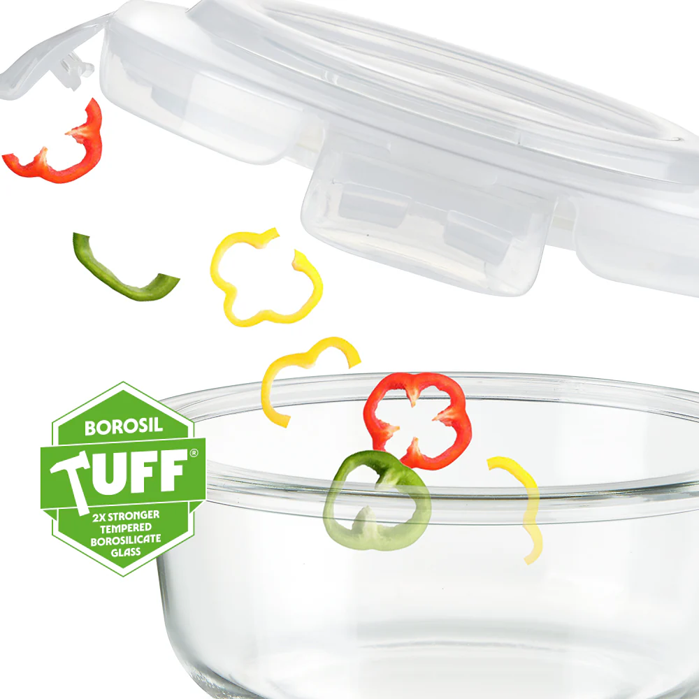 Borosil Blue Glass Lunchbox, Round x 3, 400ml x 3