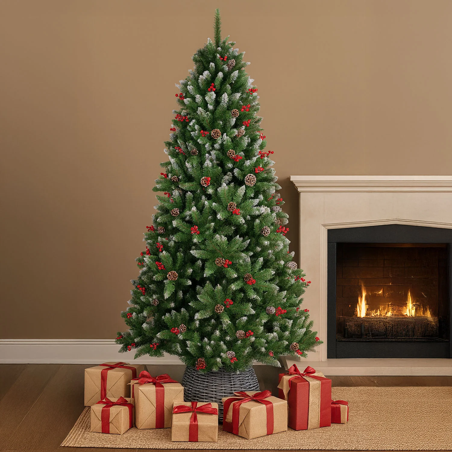 Neo Christmas Tree Artificial 7-Foot Flocked Pine Cone Red Berries