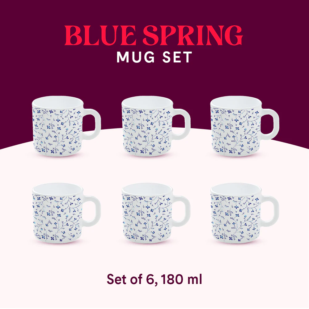 Larah by Borosil Blue Spring Mug Set, 180ml x 6