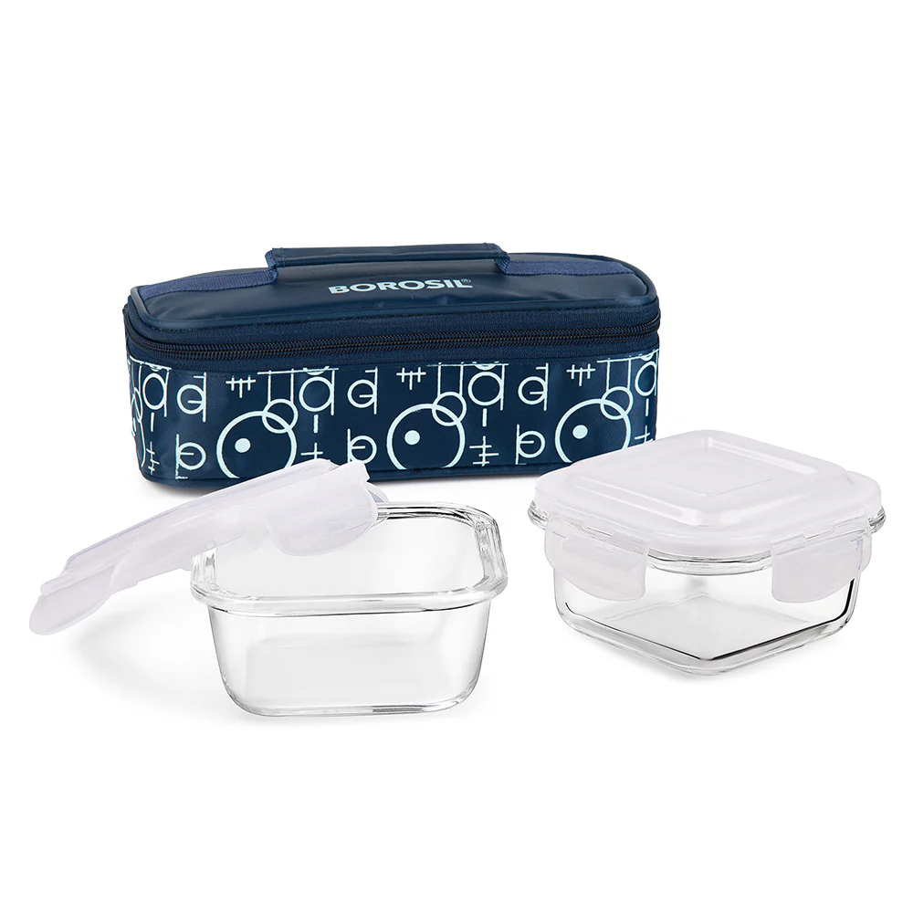 Borosil Grace Navy Glass Lunchbox, Square x 2 (Flat)