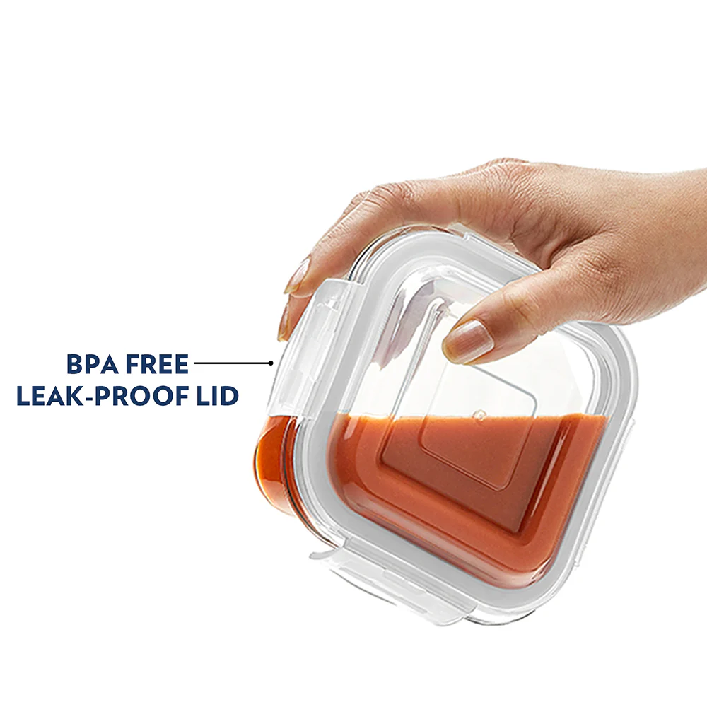 Elite Blue Grey Glass Lunch Box, Square x 3 (Tall), Set of 3, 320ml