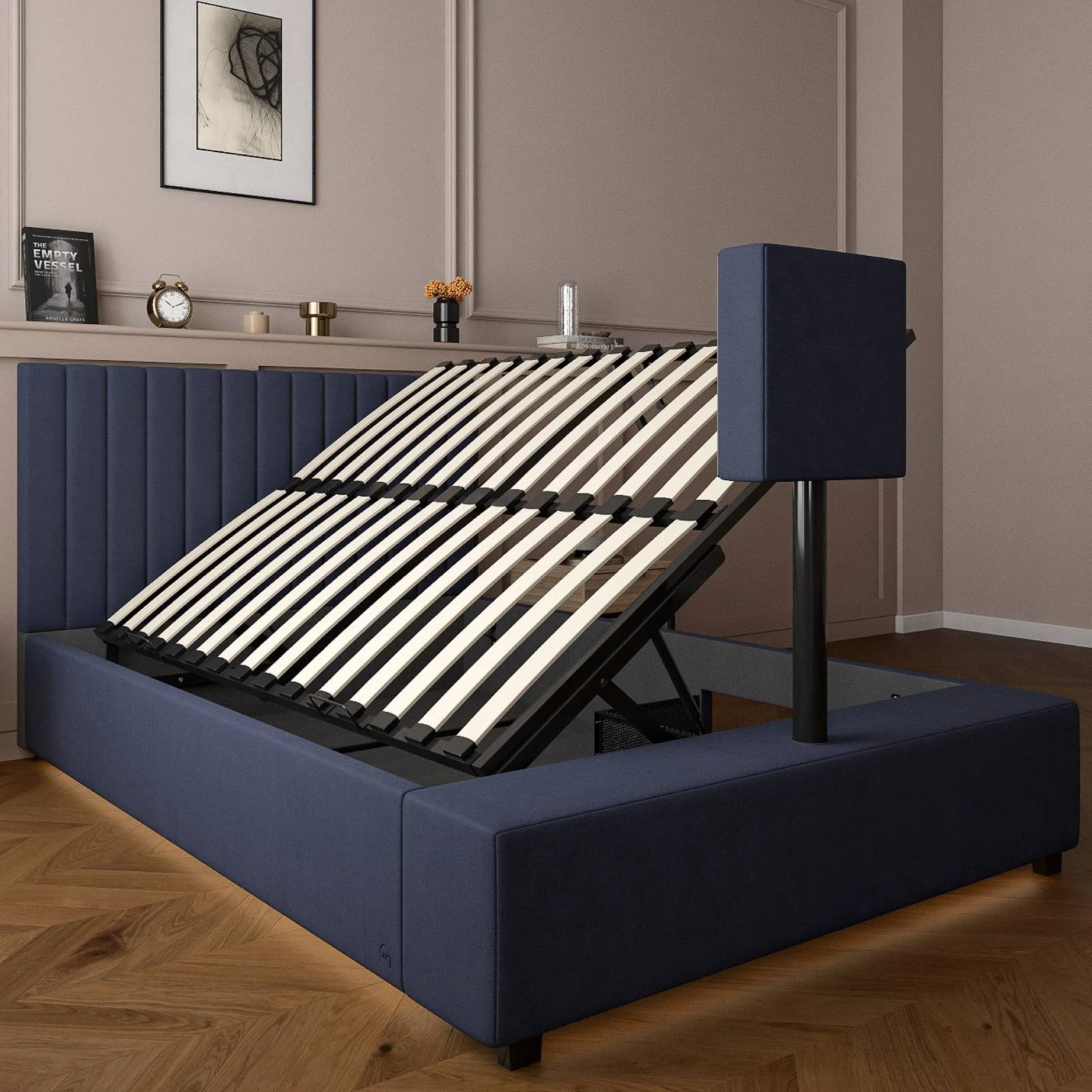 Maisie Upholstered Velvet LED Ottoman TV Bed - Navy Blue (2 Sizes)