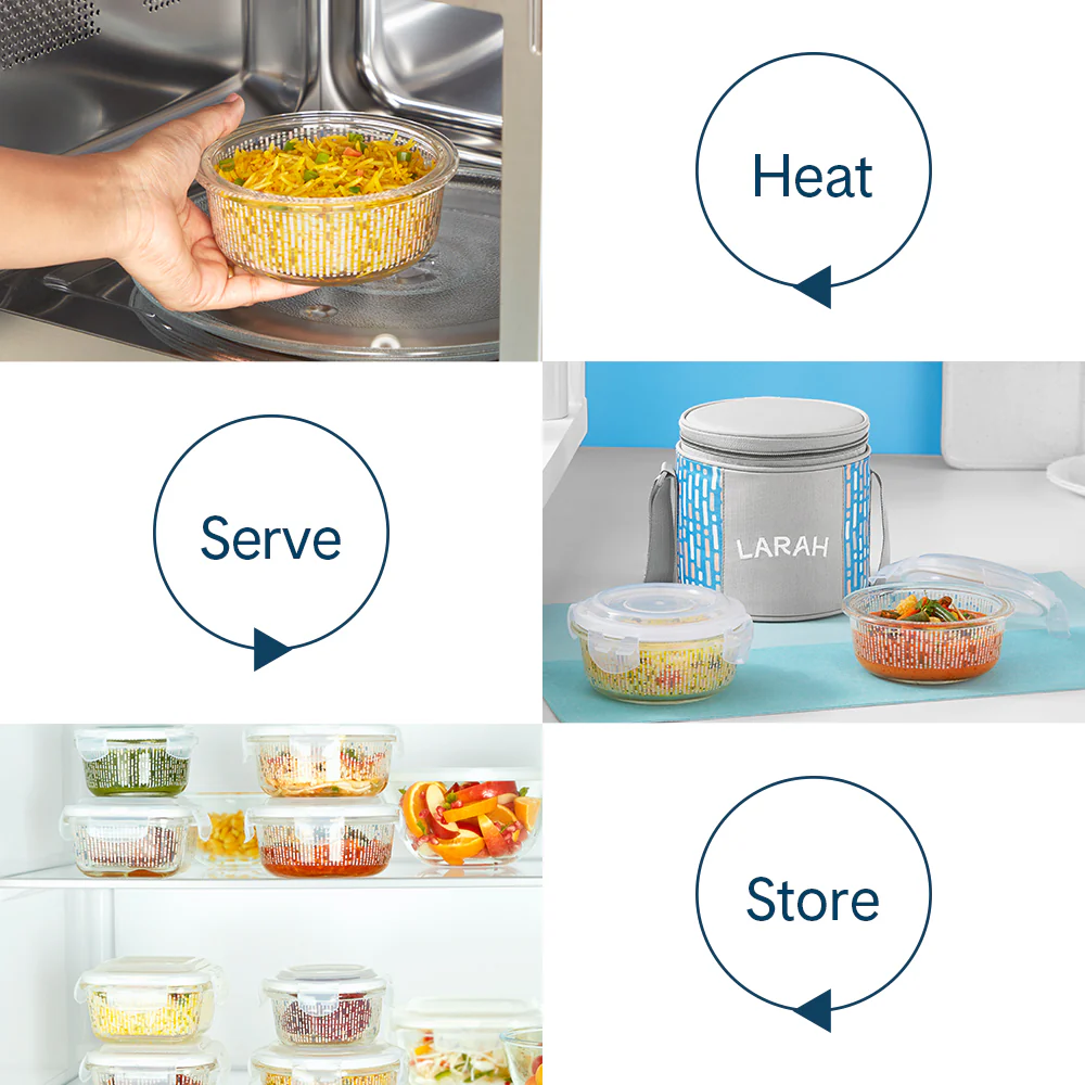 Larah Vogue Glass Lunchbox, Round x 2 (Tall), 400ml x 2