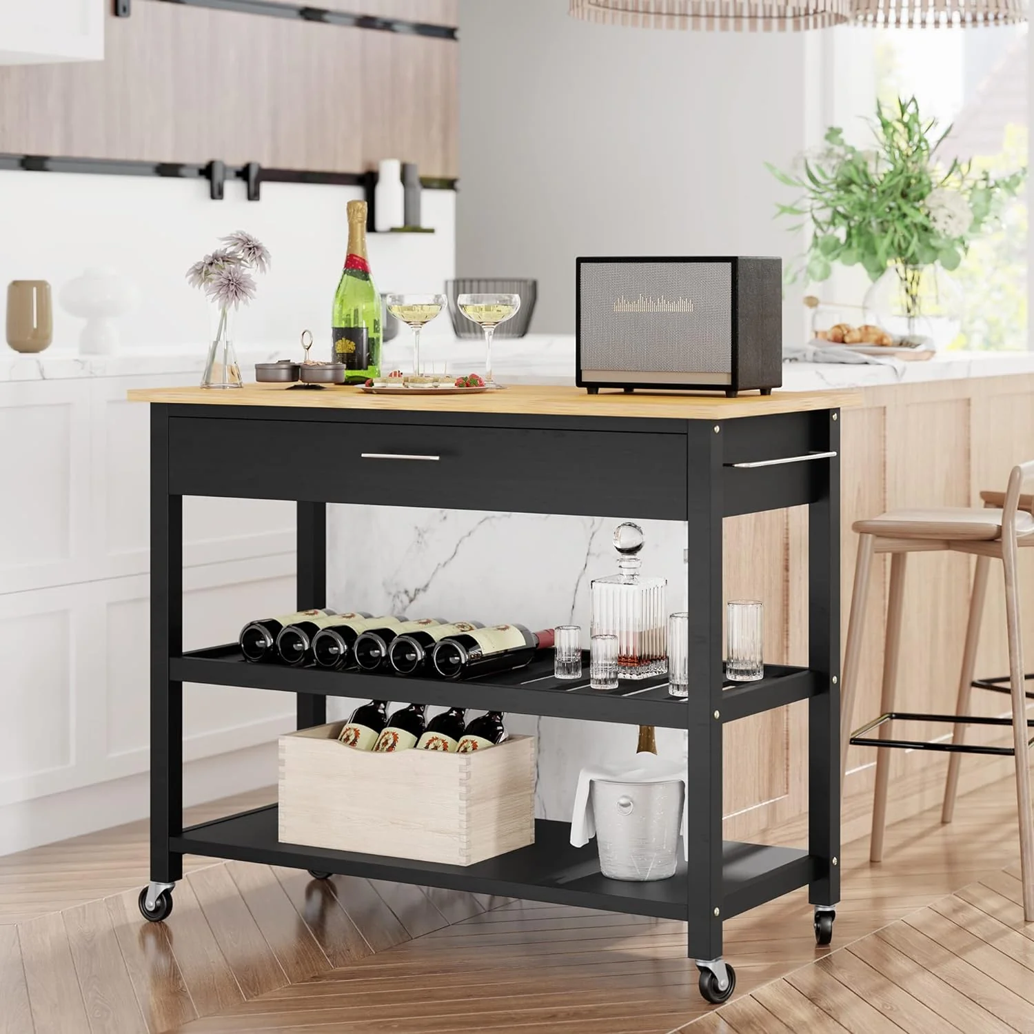 Small Kitchen Island on Wheels with 3-Tier Side Spice Rack and Rubber Wood Top
