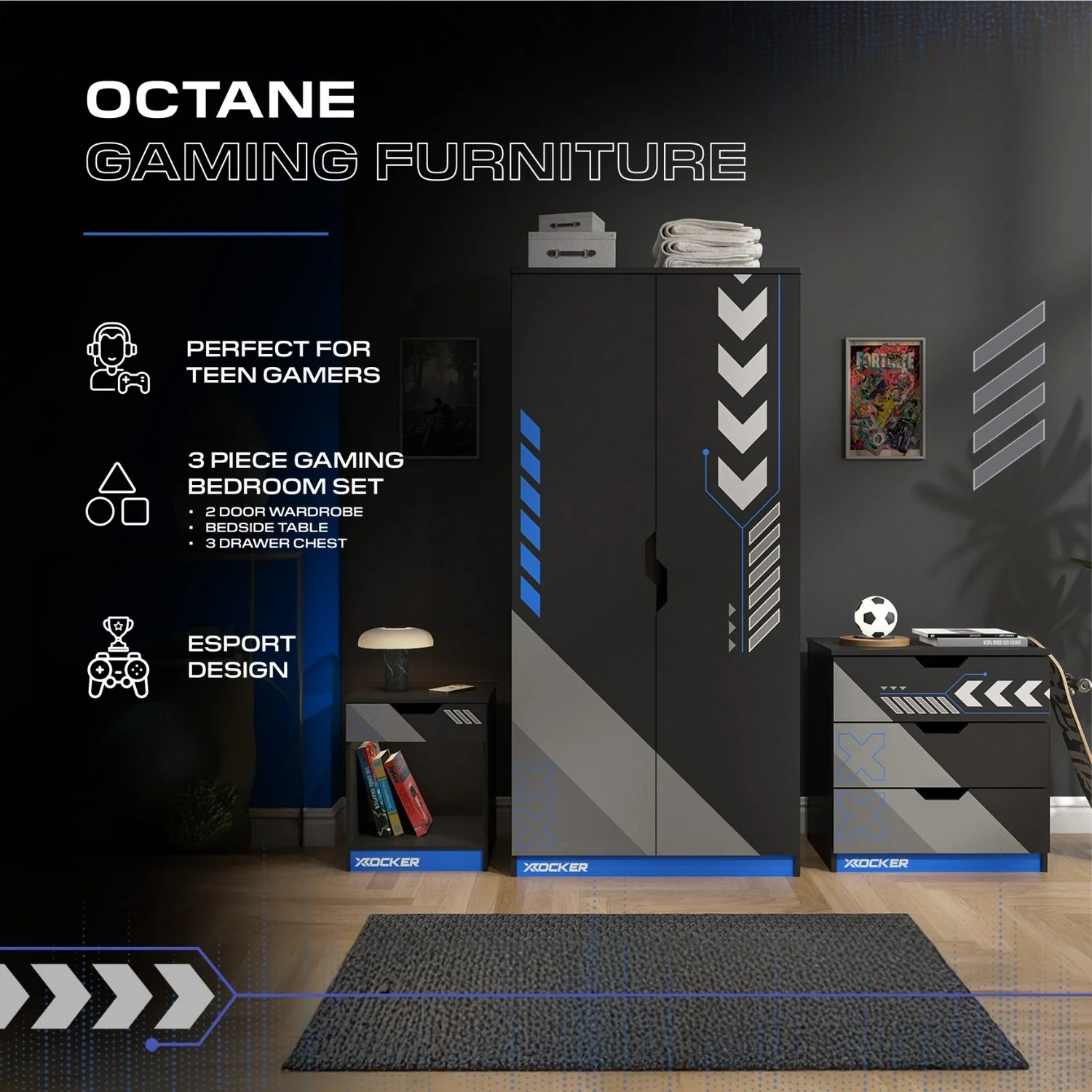 Octane 3 Piece Bedroom Furniture Set - Blue