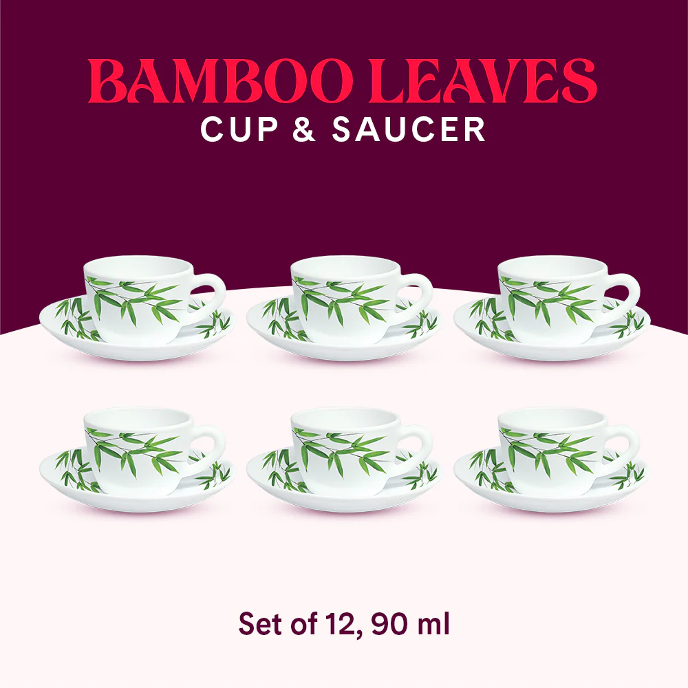 Larah by Borosil Bamboo Leaves Cup n Saucer Set, 90ml x 12