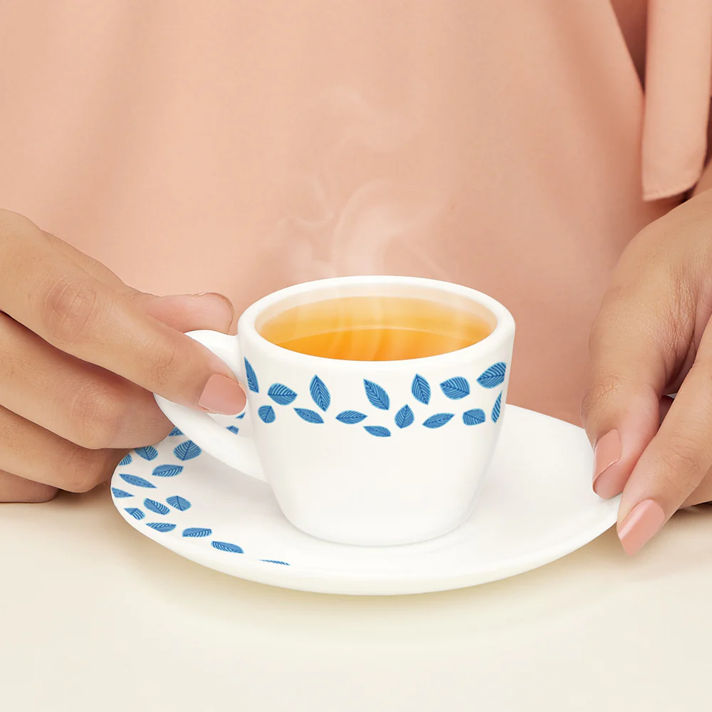 Larah by Borosil Blue Leaves Cup n Saucer Set, 90ml x 12