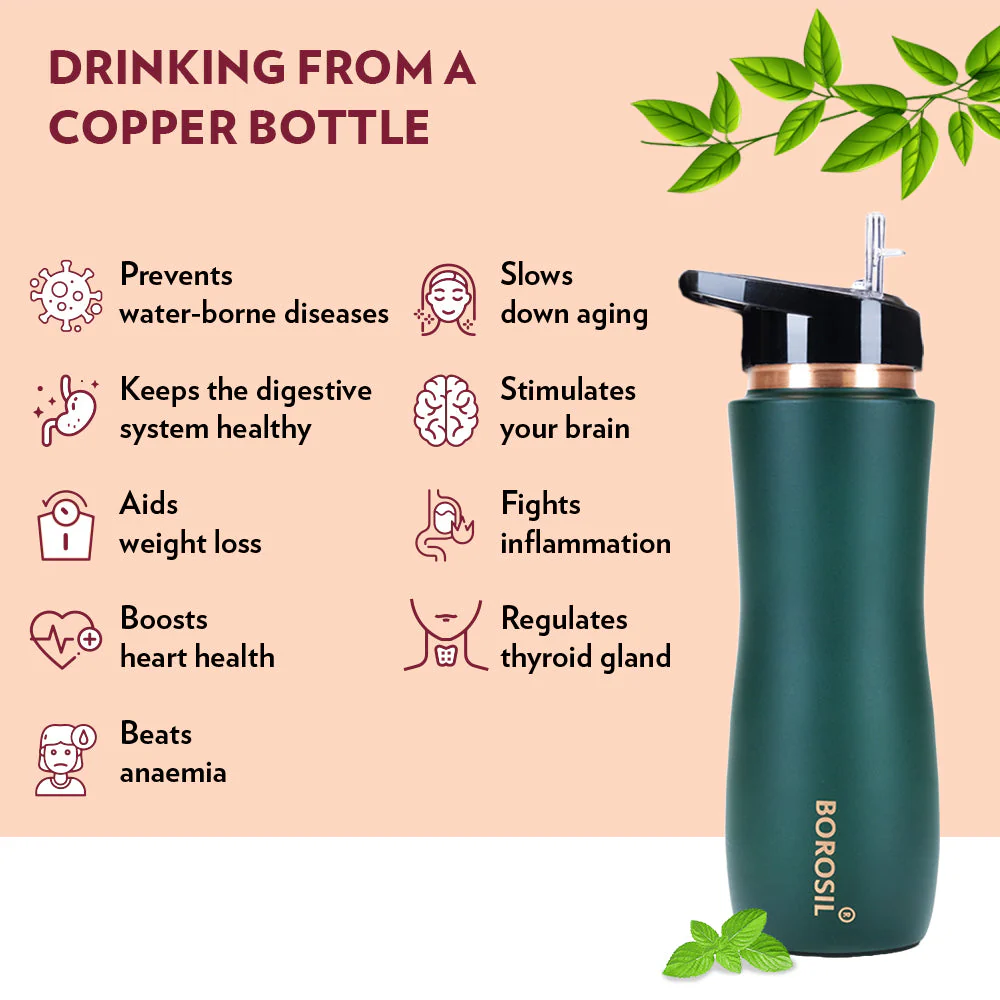 Borosil Sipper Copper Bottle, Green, 750ml