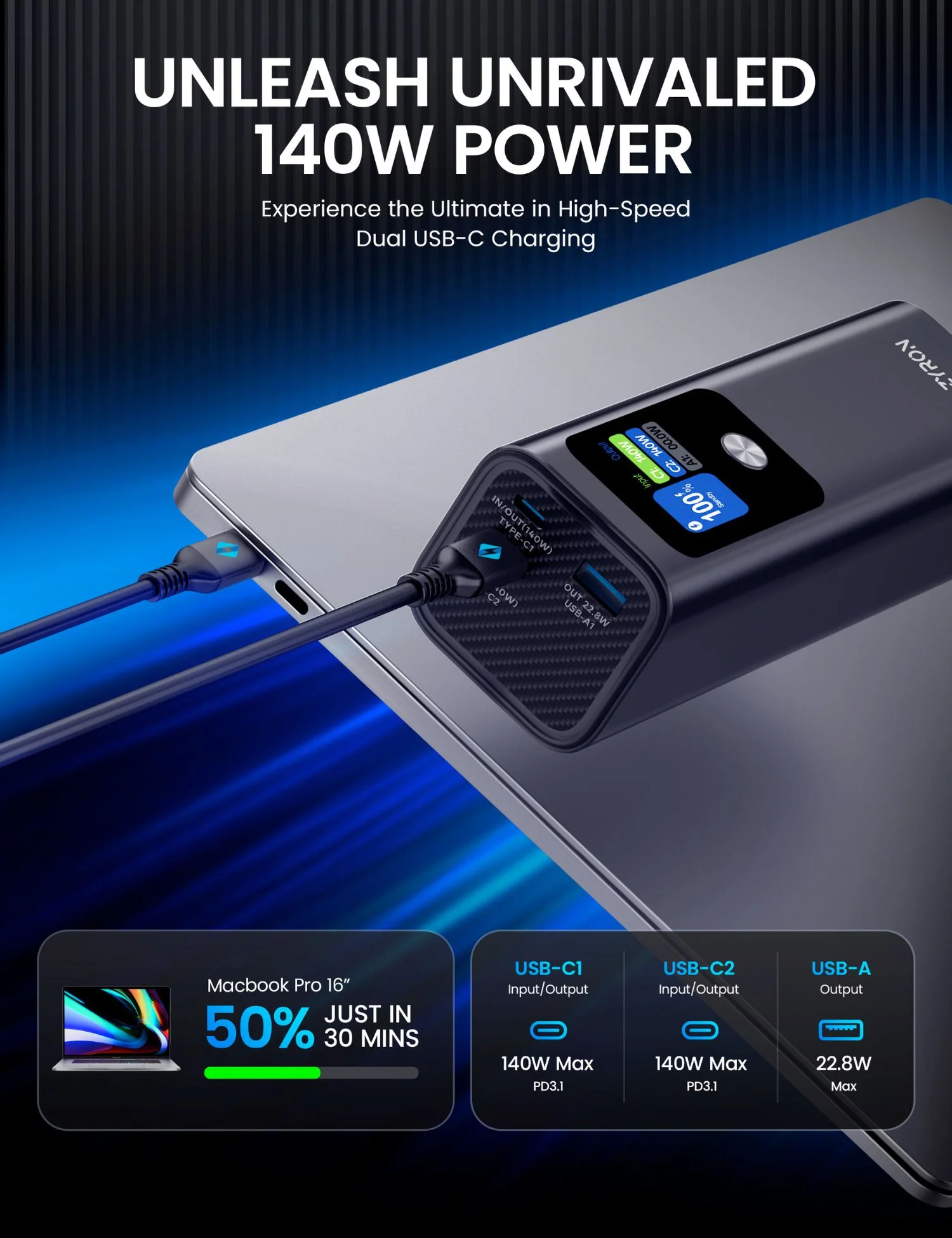 PowaStellar 27000mAh Power Bank with 140W PD3.1 Fast Charging