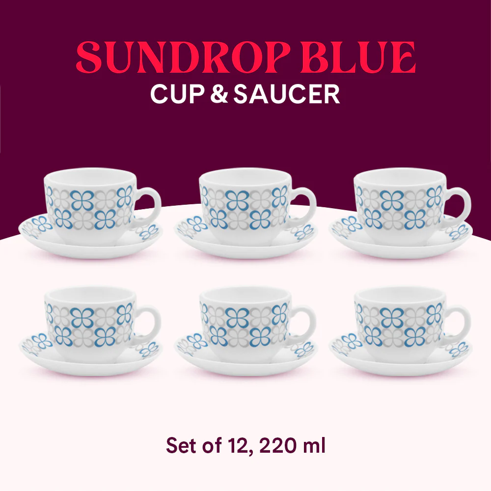 Larah by Borosil Sundrop Blue Cup n Saucer Set, 220ml x 12