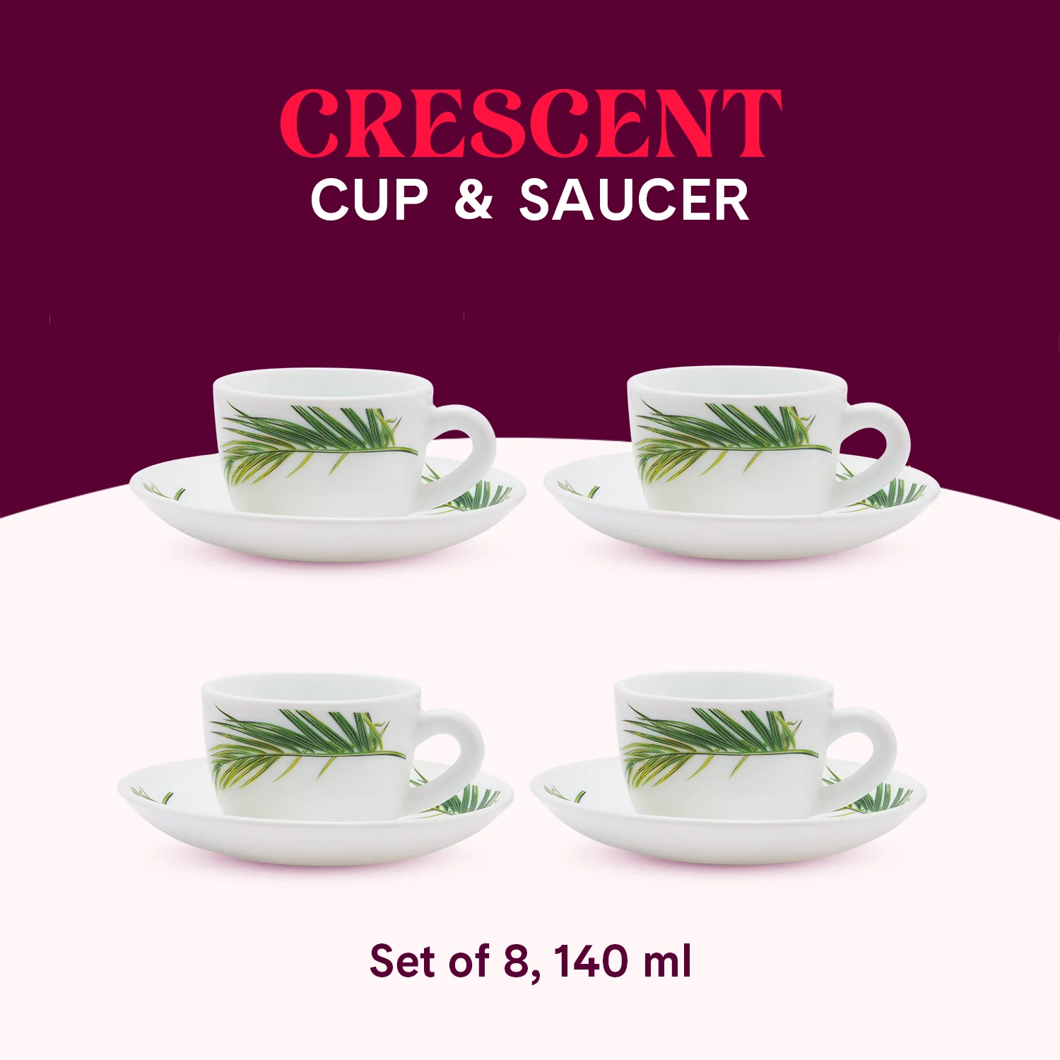Larah by Borosil Crescent Cup n Saucer Set, 140ml x 8
