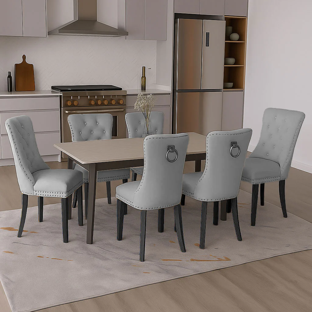 Neo Set of Six Grey Studded Velvet Dining Table Chairs with Ring Knocker Detail