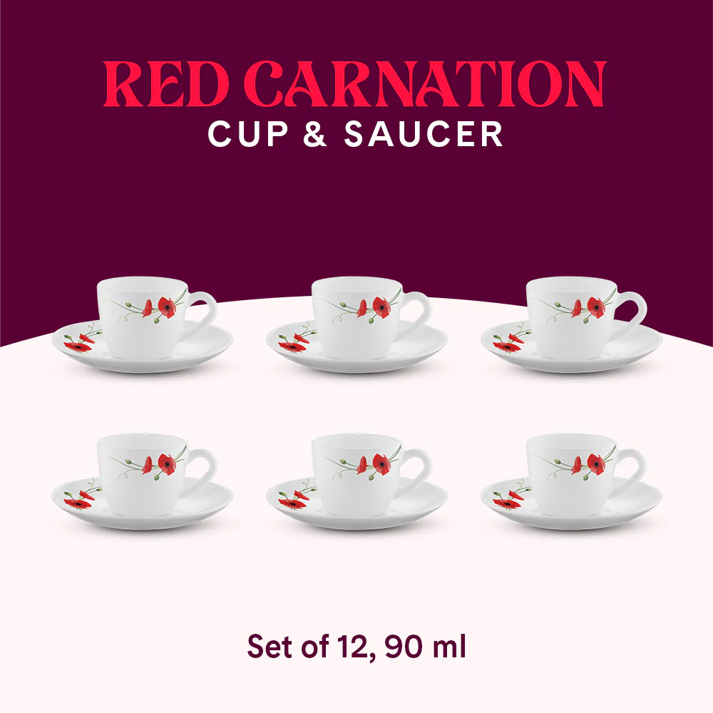 Larah by Borosil Red Carnation Cup n Saucer Set, 90ml x 12