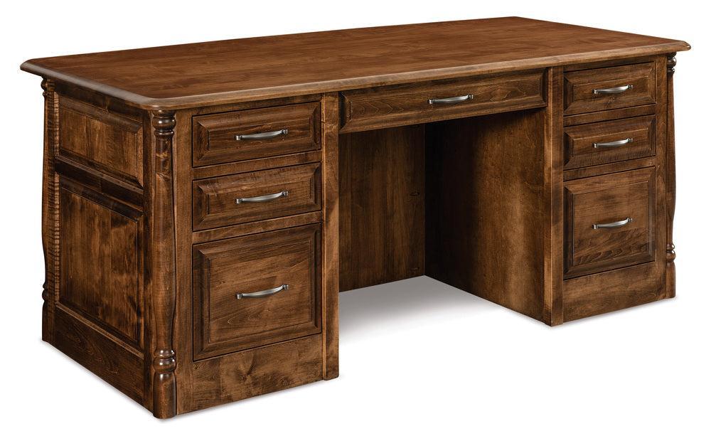 Amish London Double Pedestal Seven Drawers Desk with Finished Backside and Curved Top
