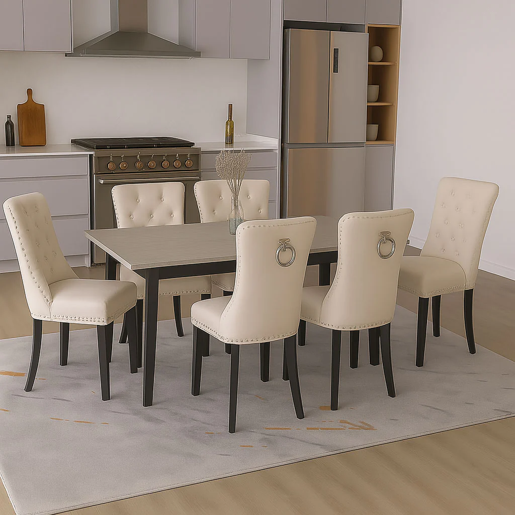 Neo Set Of Six Studded Natural Velvet Dining Chairs with Ring Knocker Detail