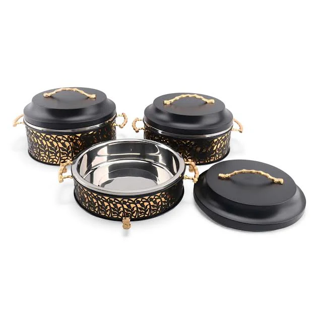 3 Piece Thermos Hot Pot Set Black & Gold Full Metal
