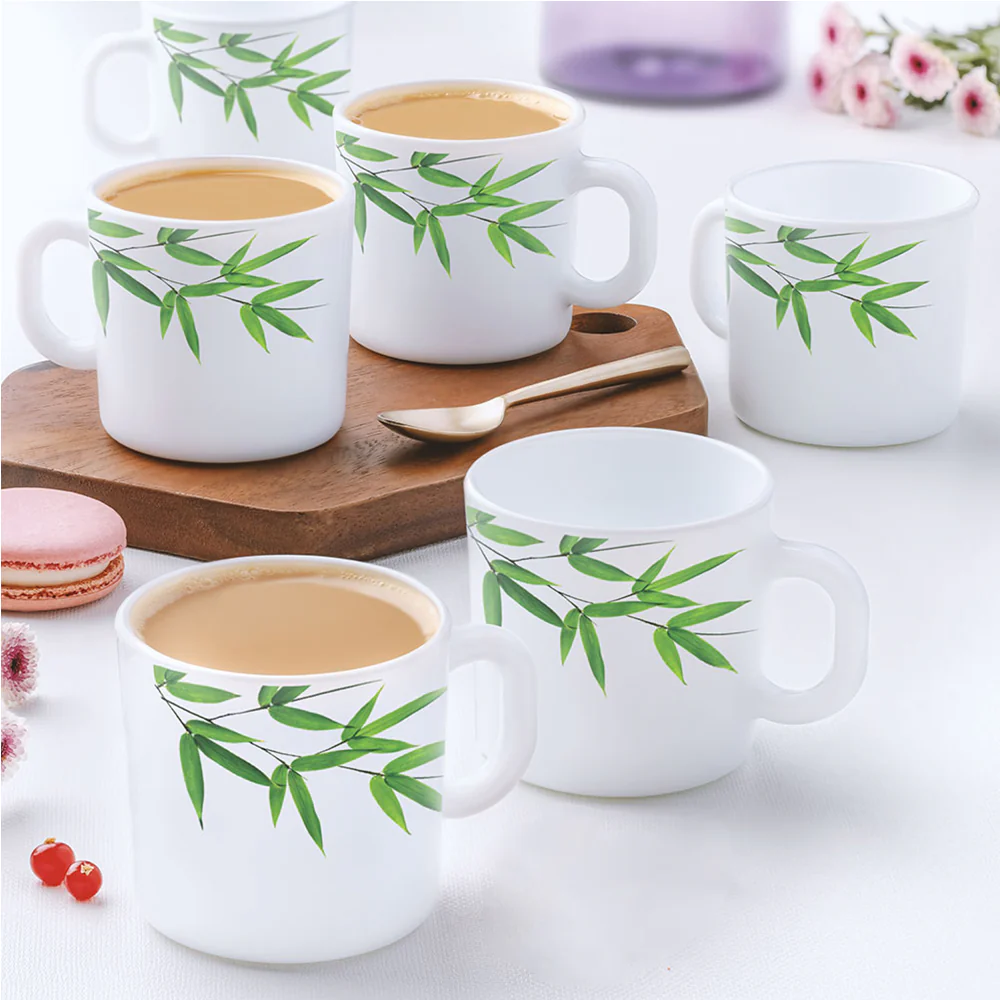 Larah by Borosil Bamboo Leaves Mug Set, 180ml x 6