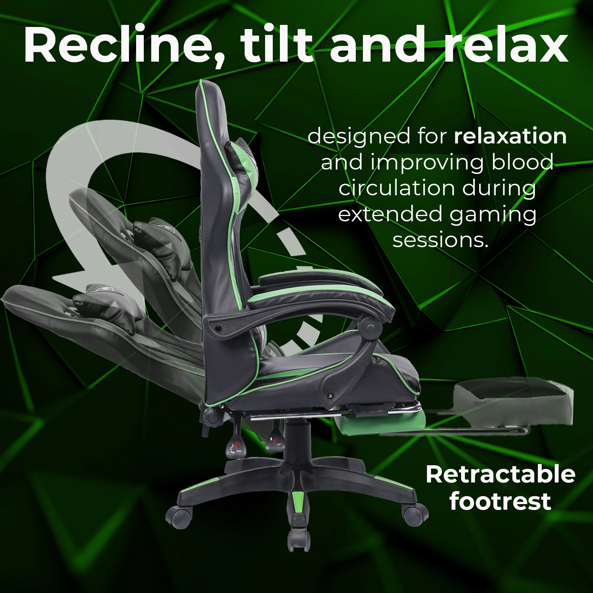 Neo Gaming Chair Green & Black Leather with Footrest