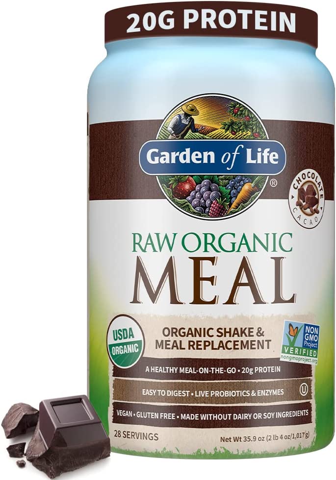 Raw Organic Meal Replacement Shakes, Chocolate Plant Based Vegan Protein Powder, Pea Protein, Sprouts, Greens, Probiotics, Dairy Free