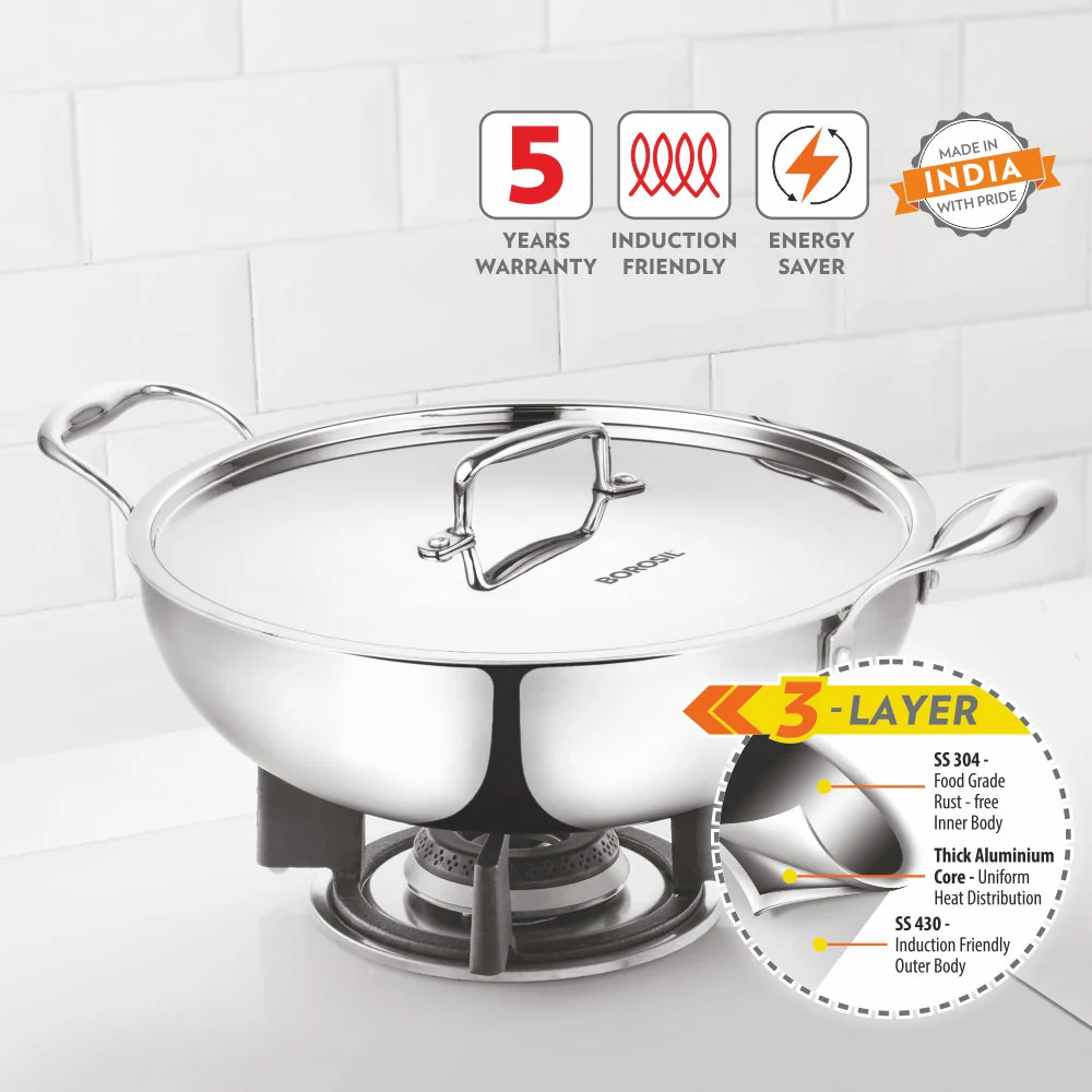 Borosil Cookfresh Triply Kadhai (SS Handle + Lid), 1.6L