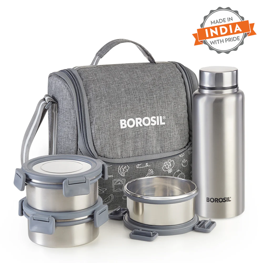Borosil Slate Stainless Steel Lunchbox w SS Bottle, (280ml x 3) + (600ml Bottle x 1)