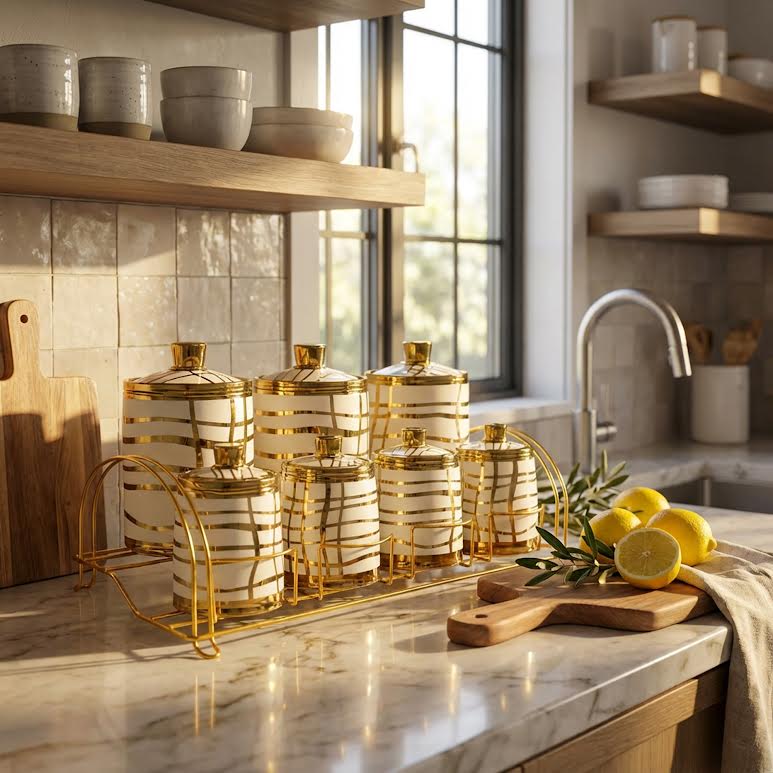 7 Piece Line Design Canister Set Gold & White