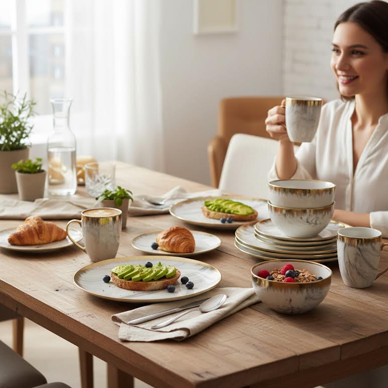 16 Piece Drip Design Dinner Set Gold & White