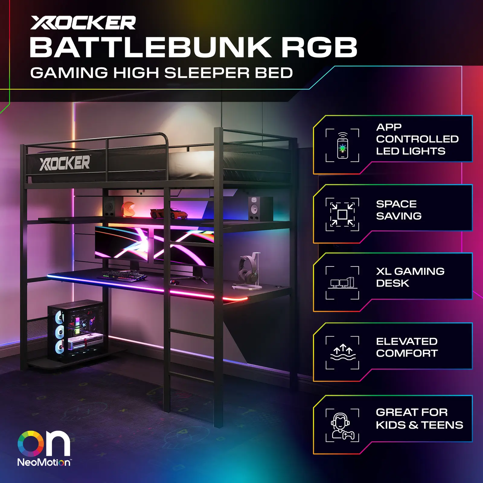 Battlebunk RGB LED High Sleeper Gaming Bunk Bed with Desk