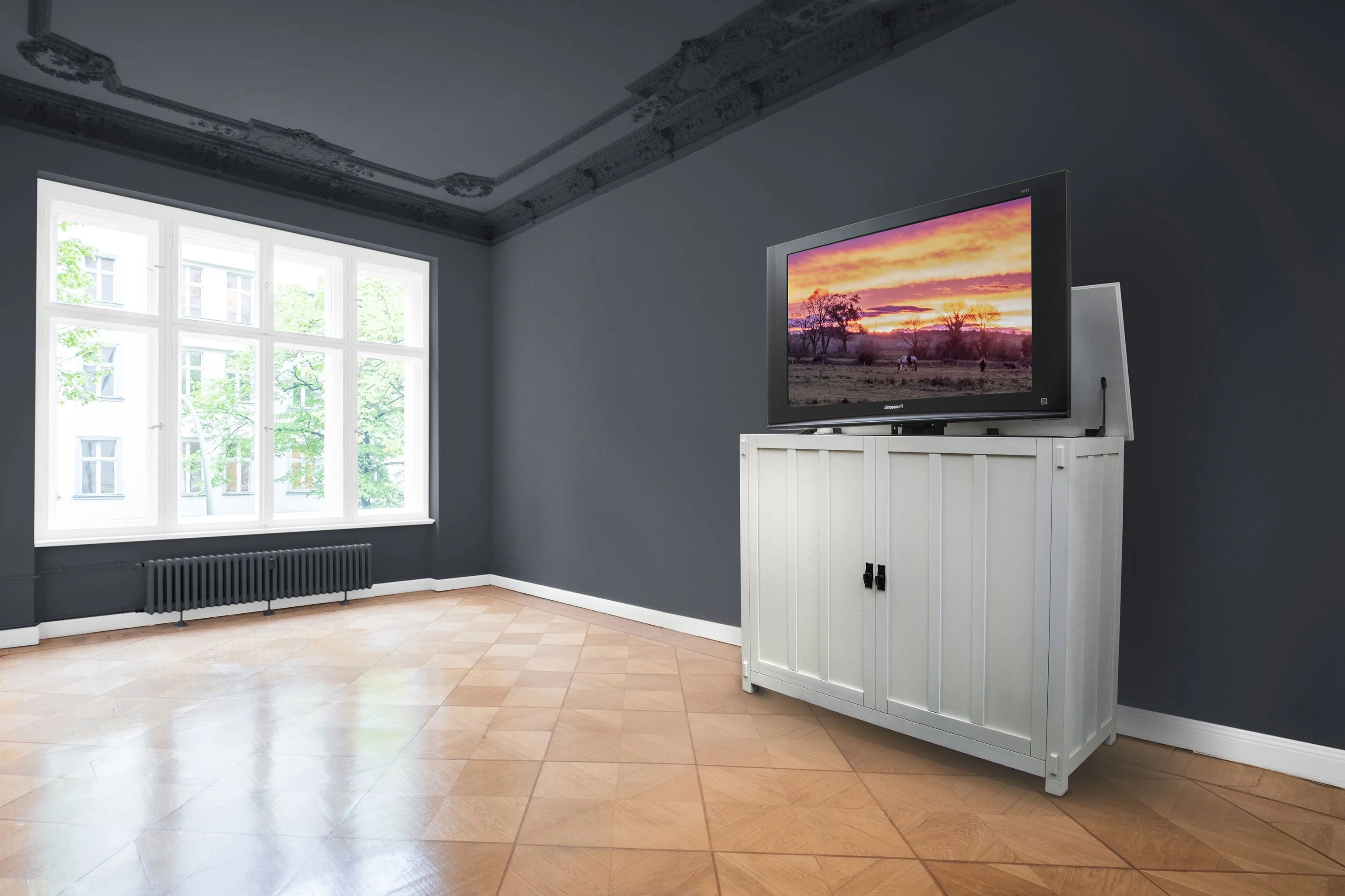 The Elevate 72013 White Mission Style Smart TV Lift Cabinet for 50 Inch Flat screen TVs