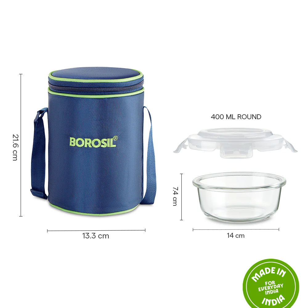 Borosil Blue Glass Lunchbox, Round x 3, 400ml x 3