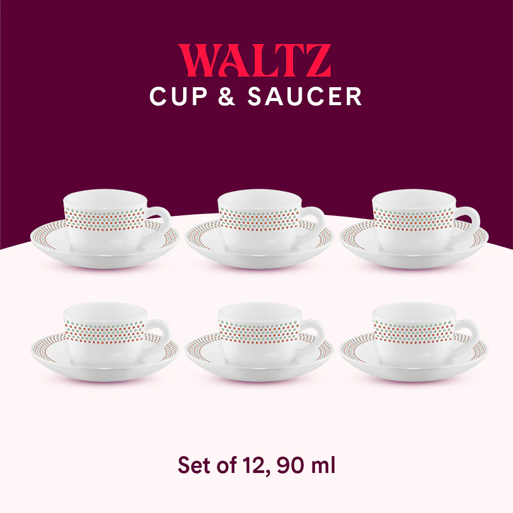 Larah by Borosil Waltz Cup n Saucer Set, 90ml x 12
