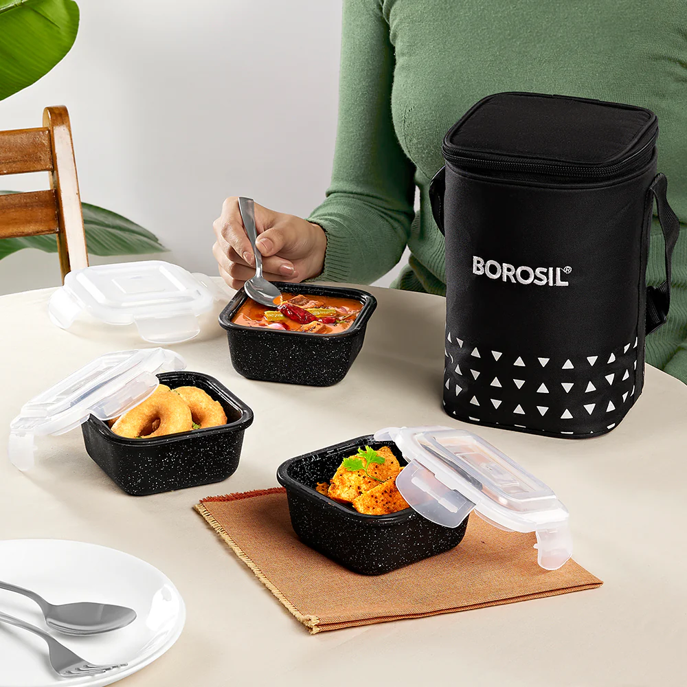 Borosil Kube Black Glass Lunch Box, Square x 3 (Tall), Set of 3, 320ml
