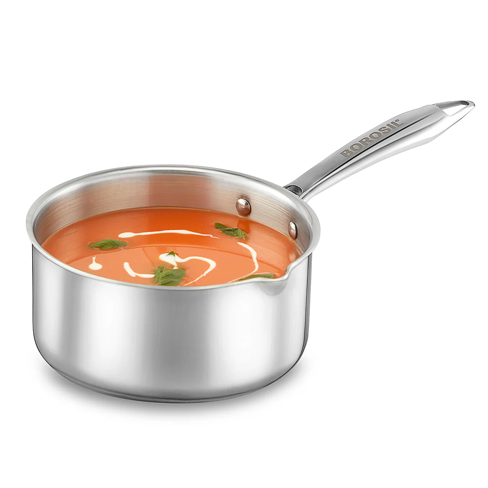 Borosil Cookfresh Triply Saucepan w Spout (Steel Handle), 2.1L/18cm