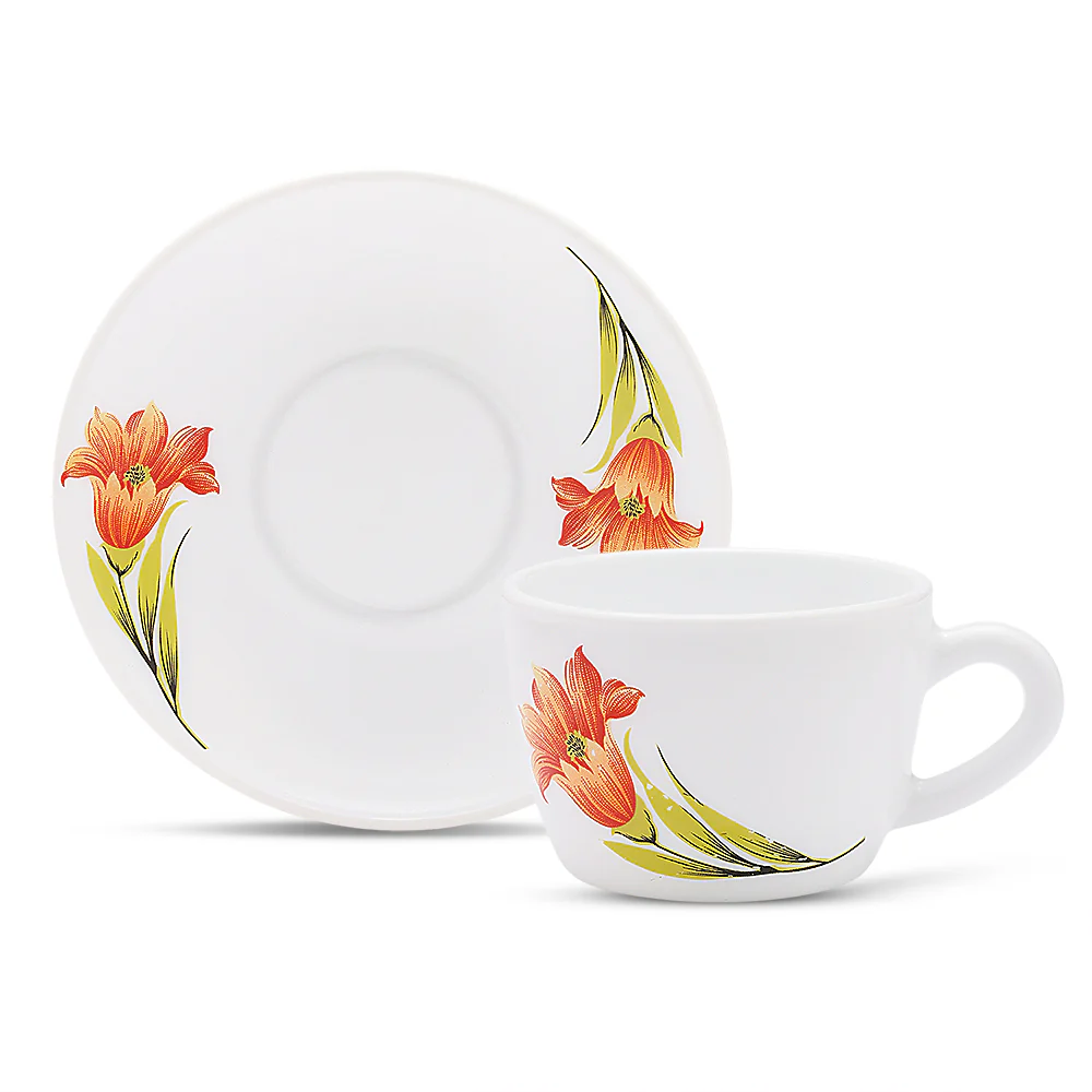 Larah by Borosil Red Iris Cup n Saucer Set, 90ml x 12
