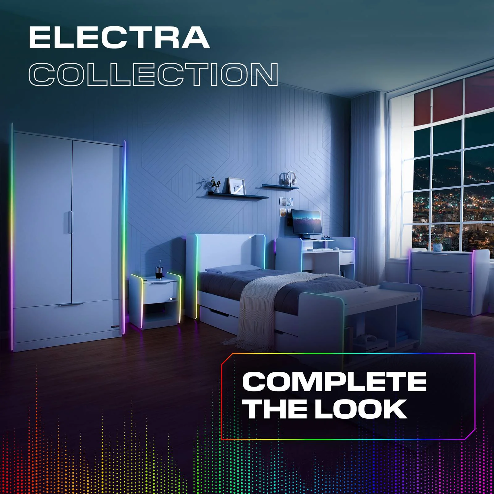 Electra LED Single Gaming Bed with Drawers - White RGB