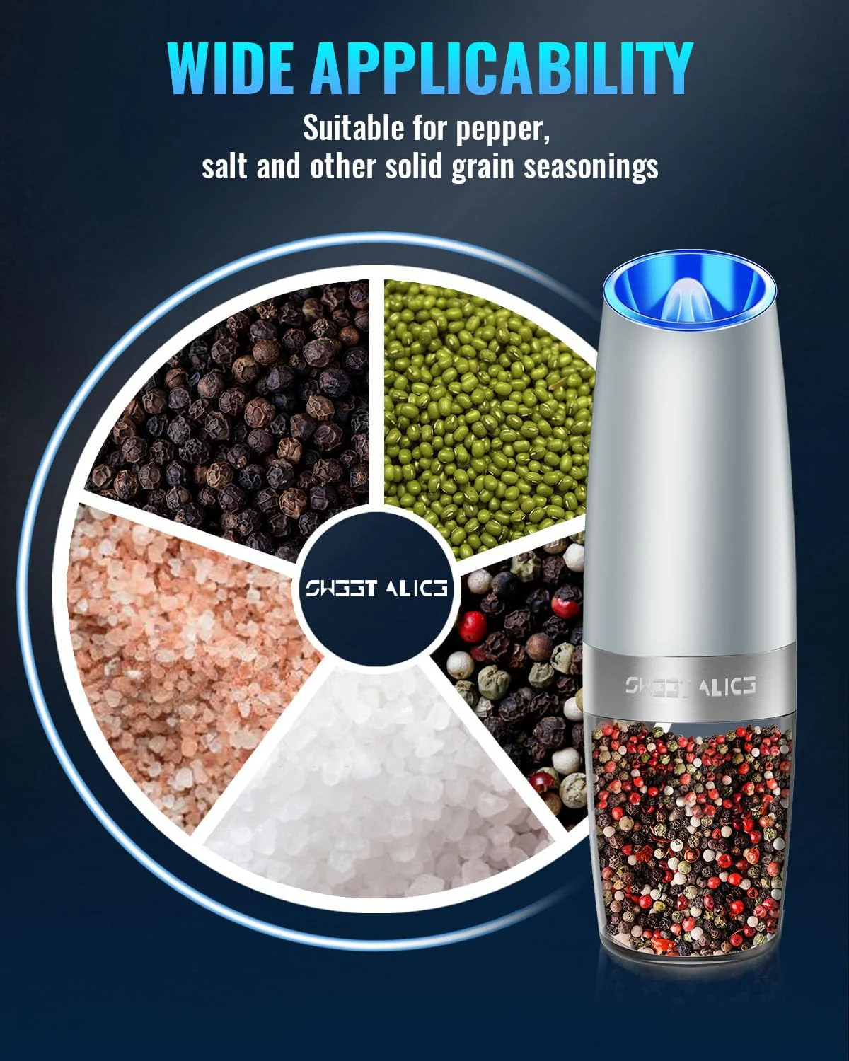 Electric Salt & Pepper Grinder Set, Adjustable Coarseness, LED, One-Hand Use, Stainless Steel 2-Pack