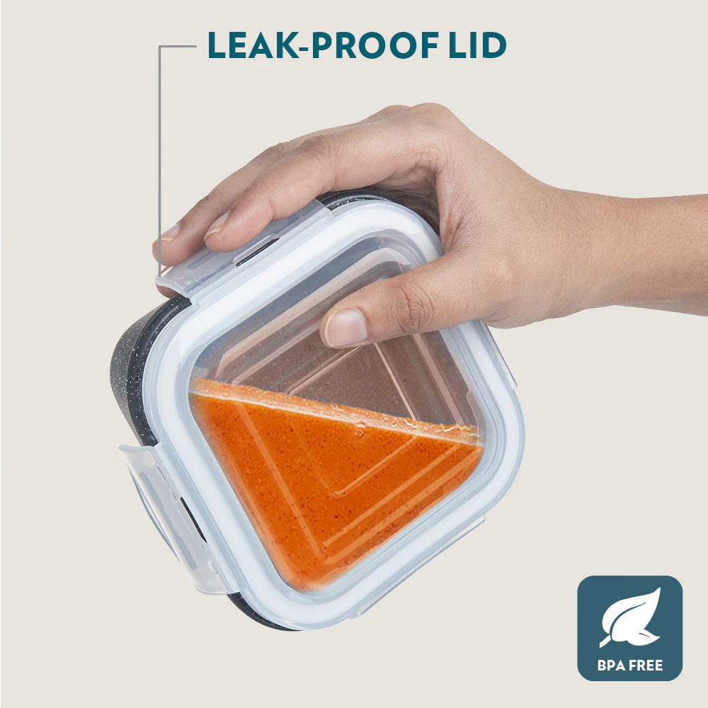 Borosil Kube Black Glass Lunch Box, Square x 3 (Tall), Set of 3, 320ml