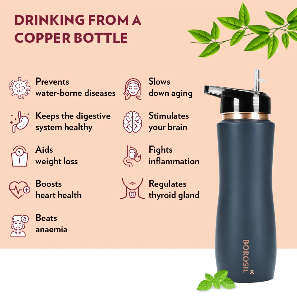 Borosil Sipper Copper Bottle, Grey, 750ml